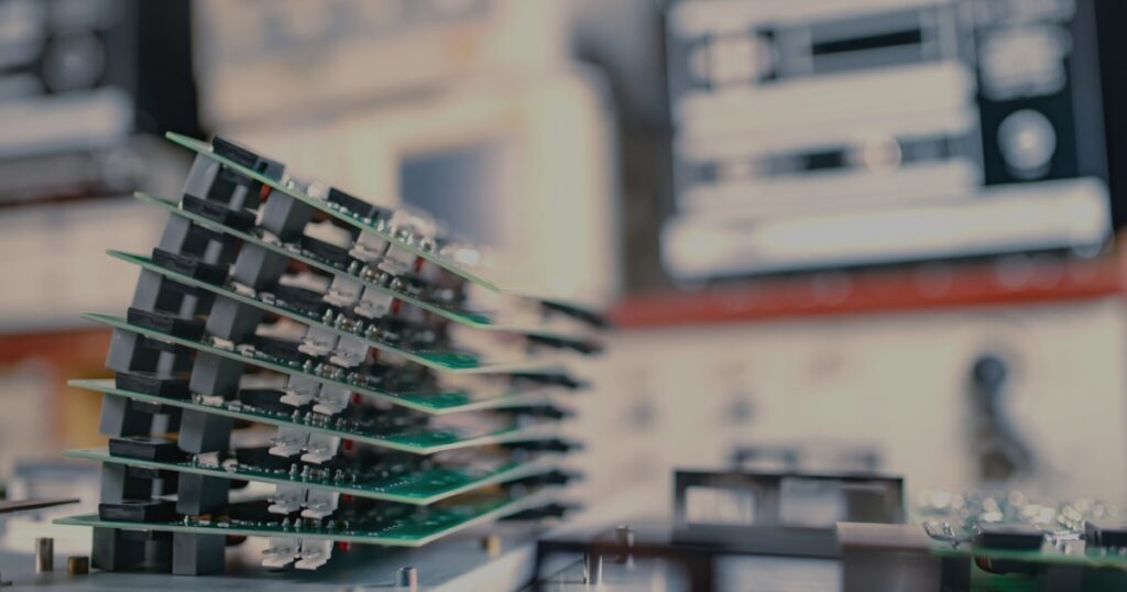 Close up picture of circuit boards stacked and ready for production
