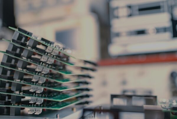 Close up picture of circuit boards stacked and ready for production